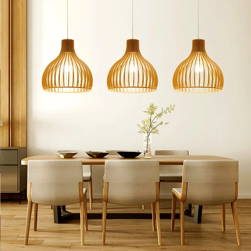 

Wood Pendant Lights for Restaurant Kitchen Island Hanging Lamp Hotel House Japaness Wooden Ceiling Chandeliers Birdcage Indoor