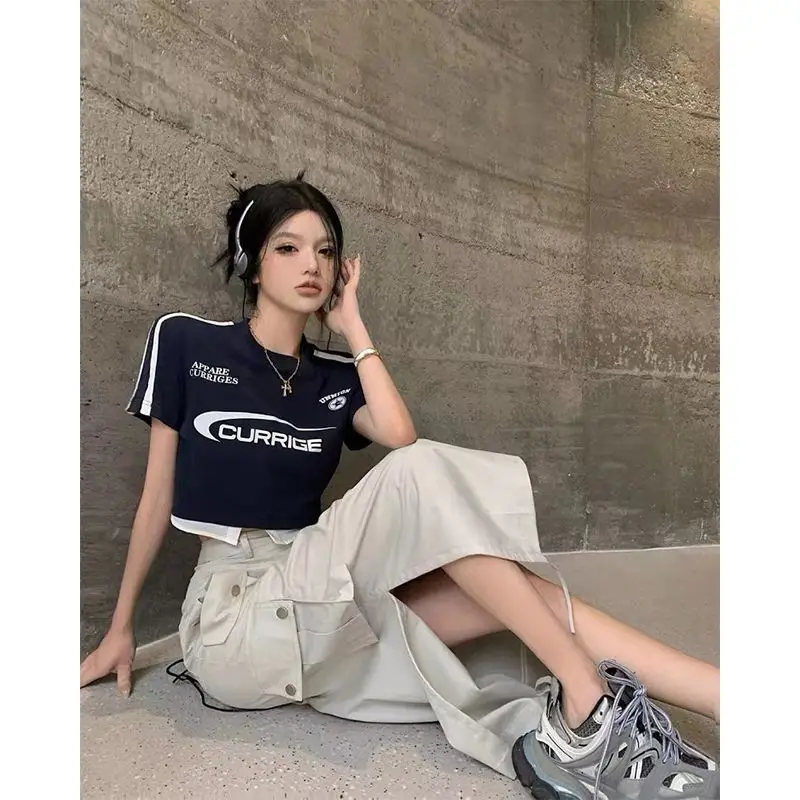 Y2K American Hot Girl Outfit Cropped Fake Two-Piece T-Shirt & High Slit Cargo Skirt Set Streetwear Summer Two Piece Set Fashion