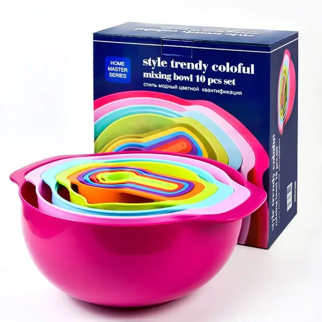 Rainbow Measuring Bowl 10PCS,Multi-purpose Vegetable Washing Draining Basket,Graduated Measuring Spoon Plastic Measuring Cup Set