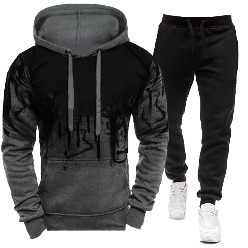 

Men's hooded sweatshirt and pants 2-piece casual sportswear with ink long sleeved hoodie S-3XL suit for autumn/winter 2024