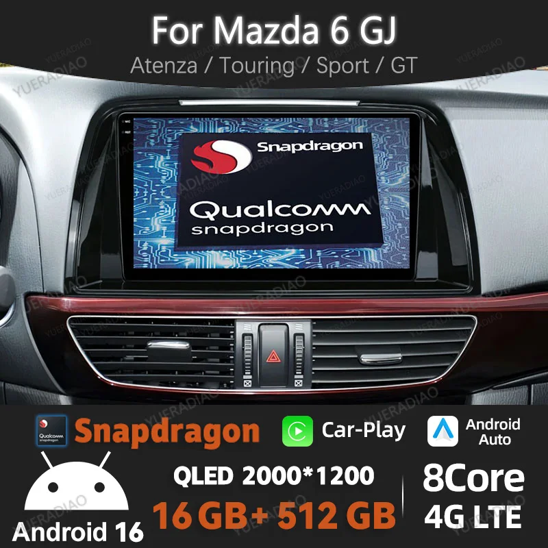 Android 16 Wireless Carplay Auto For Mazda 6 GJ Atenza Touring Sport GT Car Radio Multimedia Video Player GPS NAVI 4G WIFI QLED