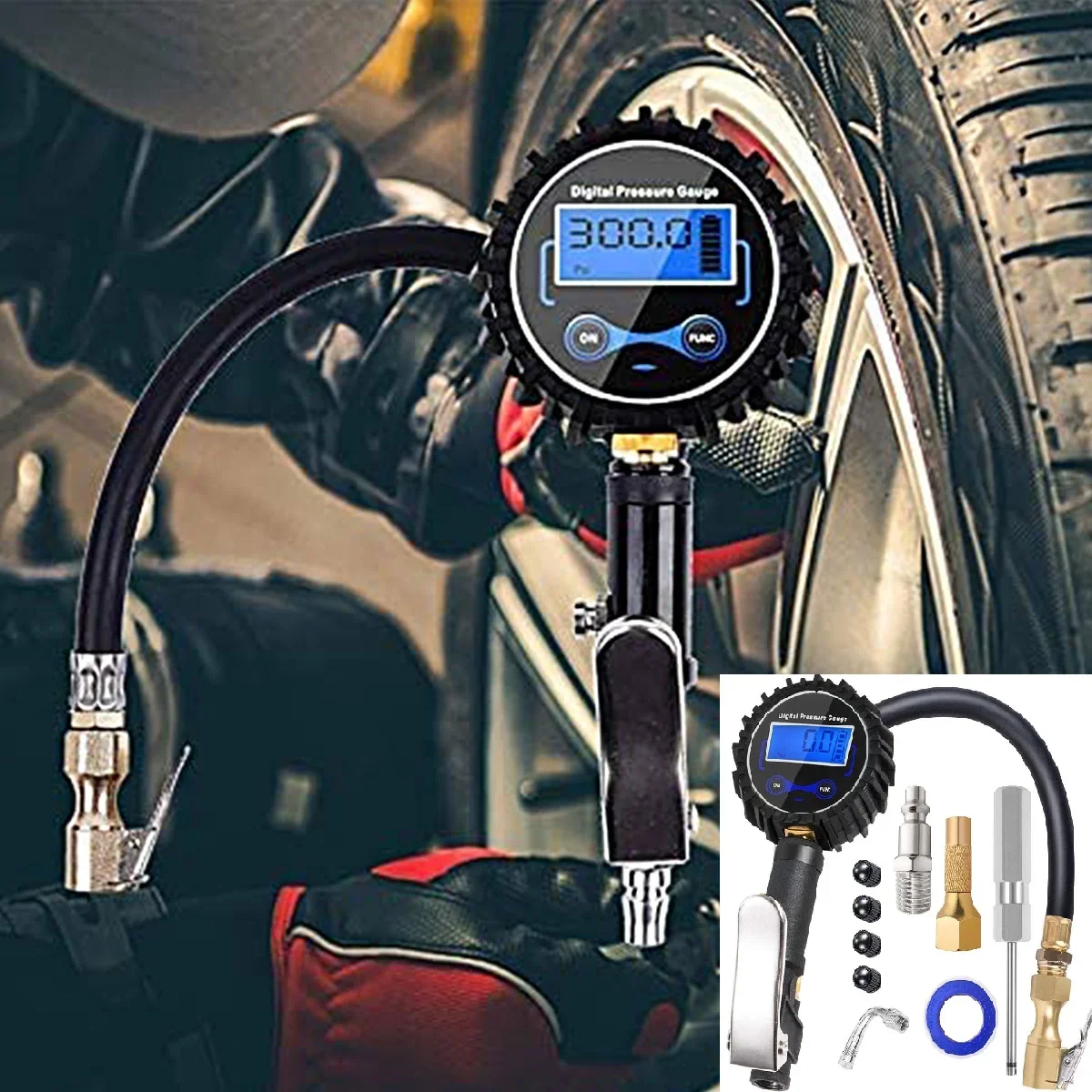 

Накачка шин с манометром 3-200 фунтов на квадратный дюйм, профессиональный инструмент для ремонта со светодиодной подсветкой, дисплей, насос для проверки давления в шинах