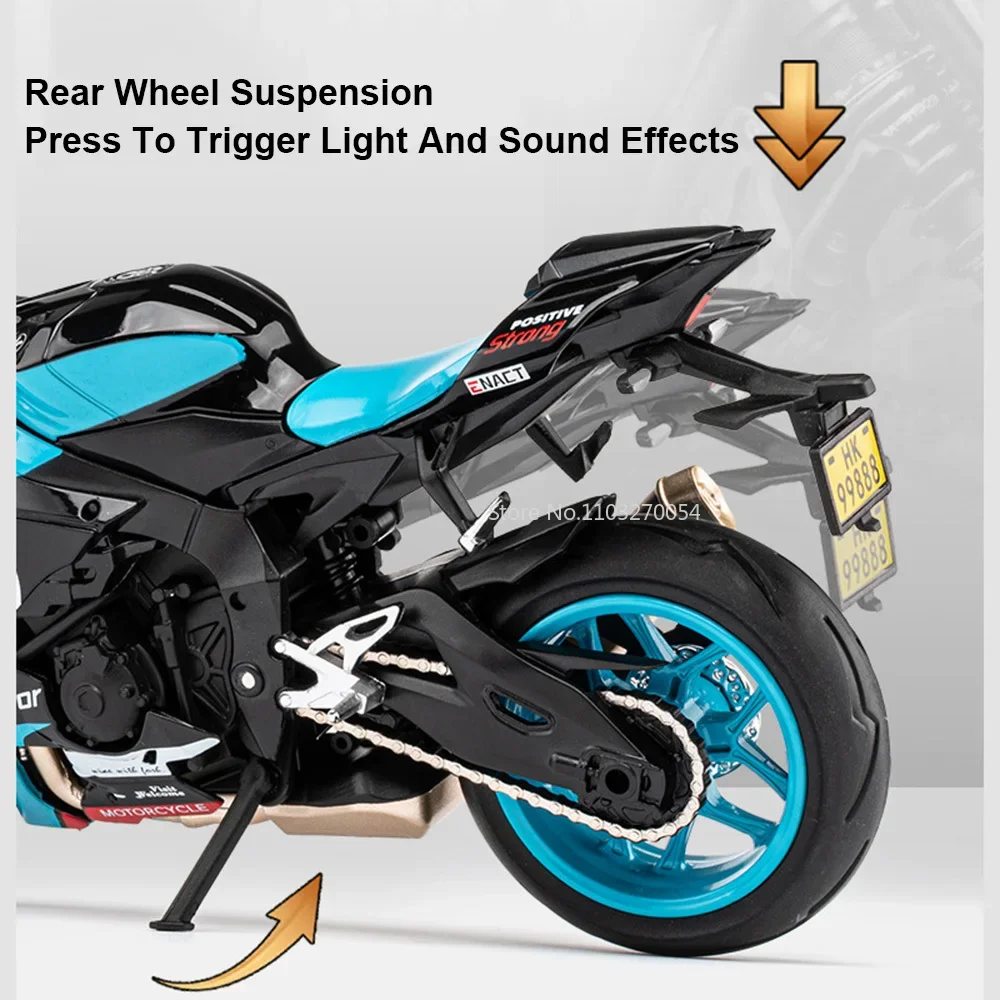 โมเดลรถมอเตอร์ไซค์ R1M R1 ขนาด 1/12 ของเล่นรถมอเตอร์ไซค์ ตัวถังโลหะผสม ล้อหน้าหมุนได้ มีเสียงและไฟ ล้อหลังมีระบบกันสะเทือน