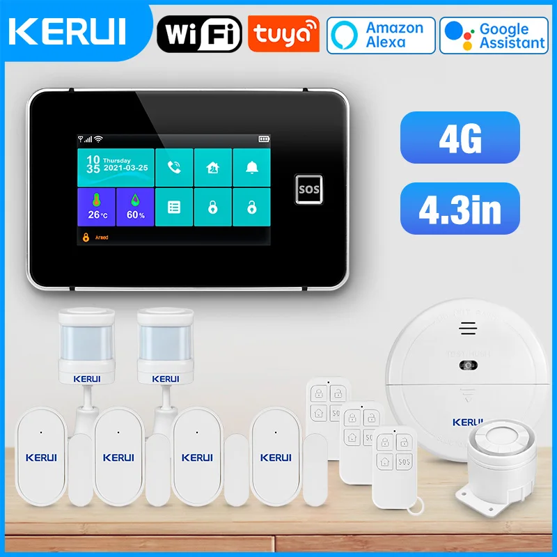 

Набор системы сигнализации KERUI Wi-Fi + 4G GSM, Tuya Smart Home, 4,3-дюймовый экран, беспроводная домашняя сигнализация, набор с сиреной, датчиком двери, G64B