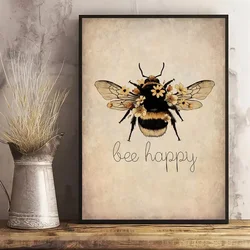 1Pc, Canvas Poster, Bee Happy Print - Bee Kind, Bee Yourself, Nature Print, Bee Lover Wall Art, For Living Room Bedroom, Wall De