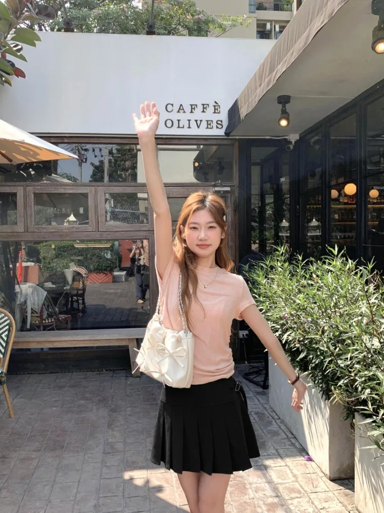 

Ezgaga Mini Skirts Women Preppy Style Pleated Solid Slim High Waist French Style Chic Sweet Skirt Female Streetwear Casual