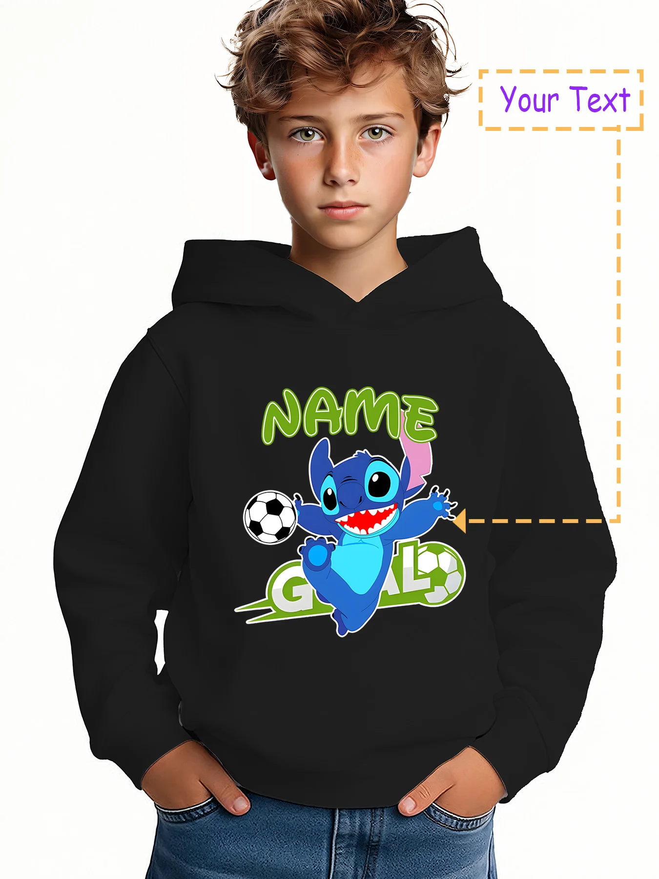 

MINISO Captain Tsubasa Hoodie - Stitch football theme with a vibrant "NAME" design. Disney licensed, perfect for everyday sports