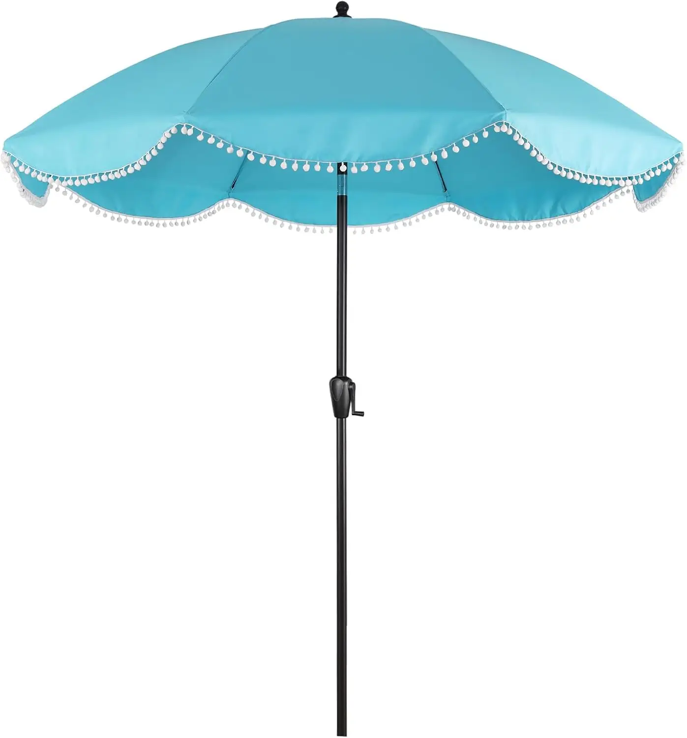 9' Patio Umbrella with Aqua Canopy and White Fringe Accents, Black Frame Market Umbrella for Patio, Deck