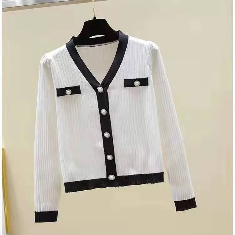 

Весна-Осень 2024, высококачественная маленькая вязаная блузка из ледяного шелка, тонкая цветная блузка с v-образным вырезом, модный женский топ