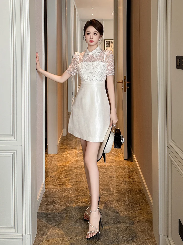 ชุดเดรสทรงเอ สีขาว สำหรับผู้หญิง ฤดูร้อน รุ่นใหม่ สไตล์ฝรั่งเศส หวานละมุน ผ้าซาติน ใส่สบาย เหมาะสำหรับใส่ในชีวิตประจำวัน