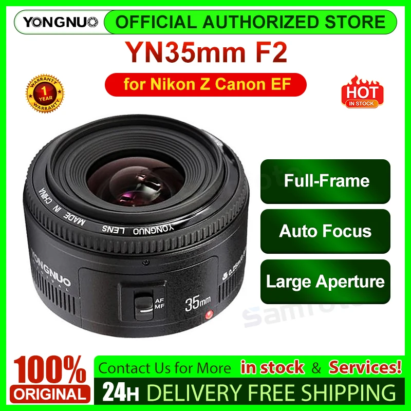 YONGNUO YN35mm F2 풀프레임 자동 초점 대구경 렌즈 (니콘 Z, 캐논 EF EOS 600D 60D 5DII 5D 500D 호환)