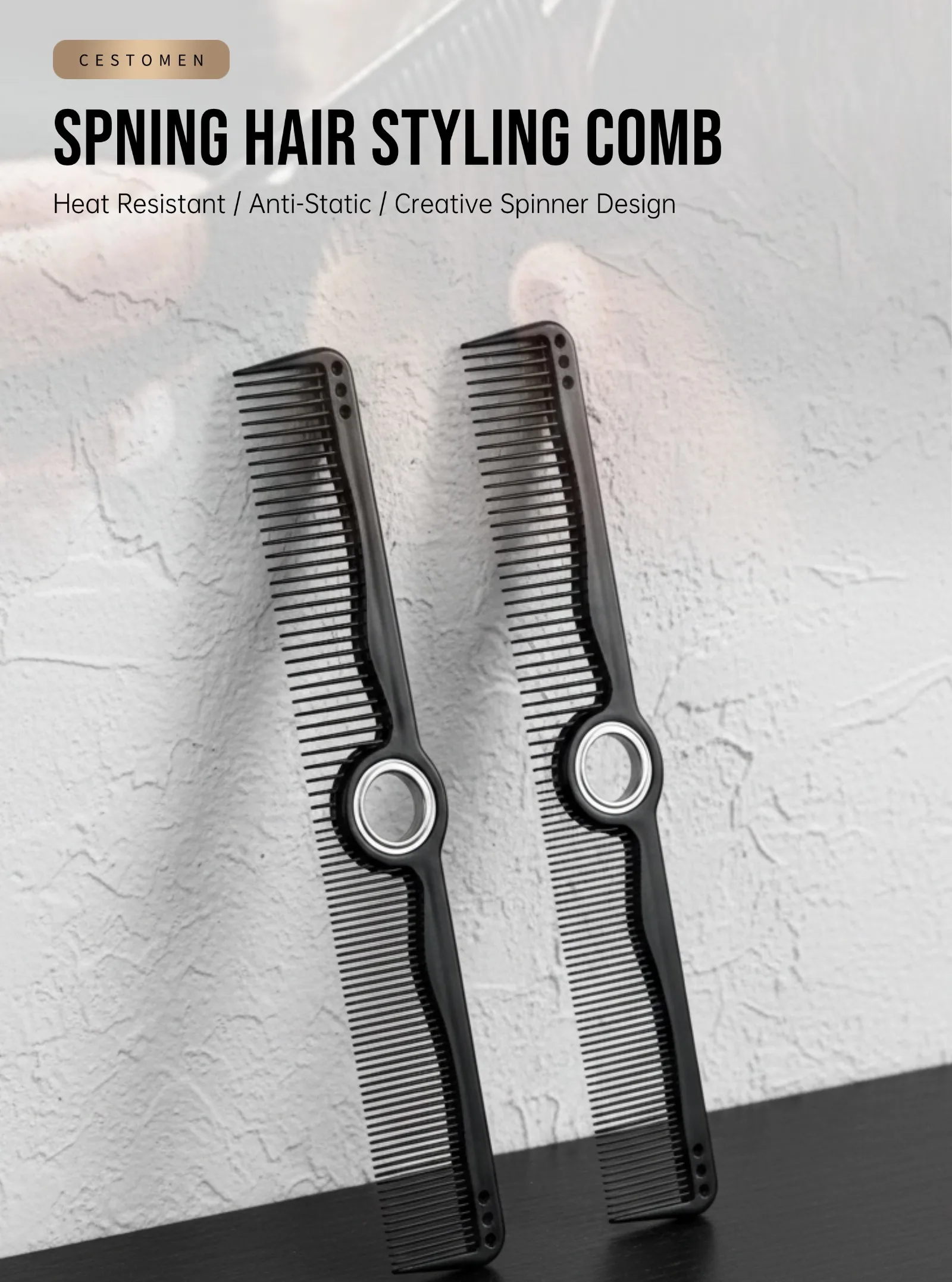 3-teiliges neues Profi-Friseurwerkzeug-Set, drehbare Doppelzahn-Haarschneidekämme, rotierende Mini-Fade-Haarbürste, antistatischer Taper-Kamm zum Stylen – Detail 3