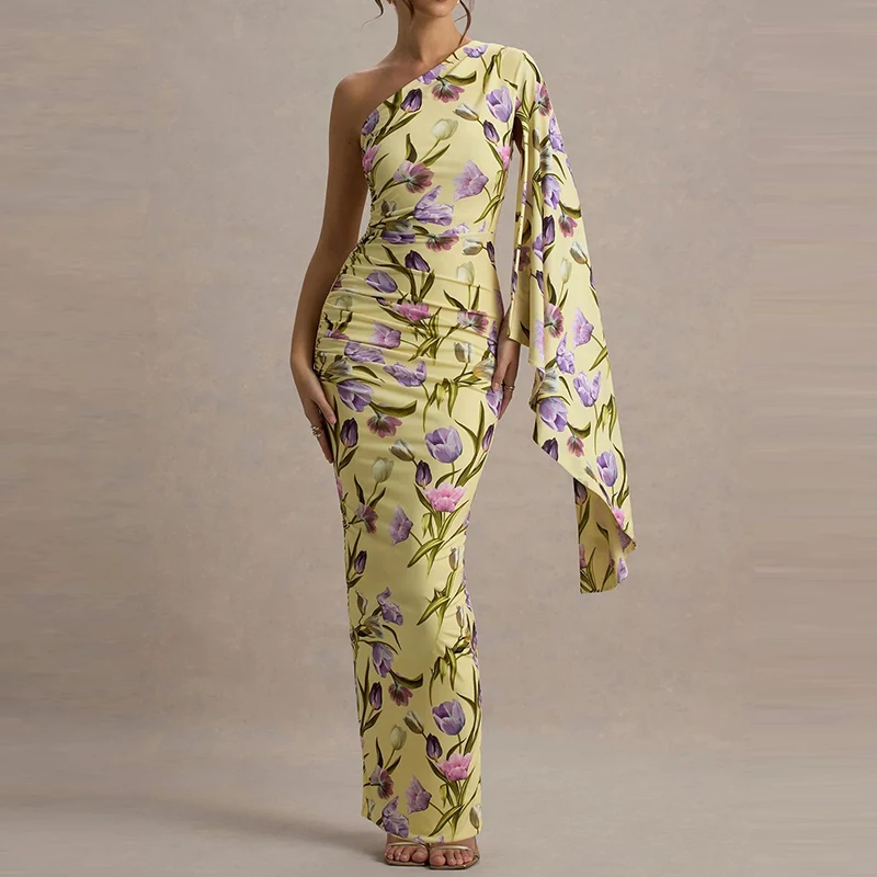 Vestido de fiesta plisado con estampado de patrón a la moda para mujer, vestido bohemio ajustado de cintura alta elegante, vestido Sexy ajustado con manga de murciélago y cuello inclinado