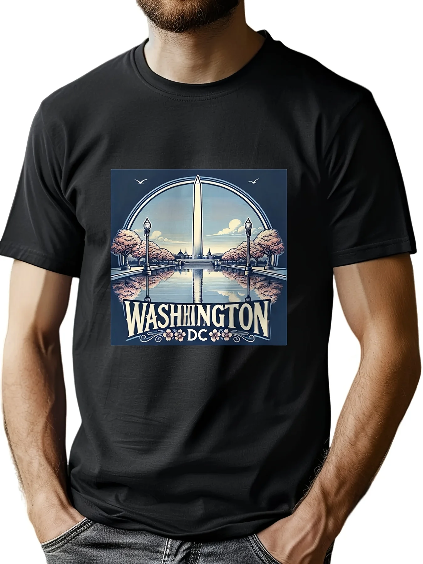 Men's Washington DC Skyline Graphic T-Shirt Soft Cotton Round Neck Casual Tee with Iconic Landmarks Print Machine Washable