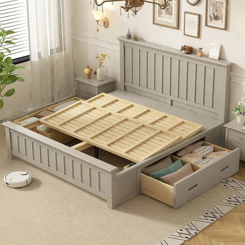 French solid wood bed frame, air pressure high box storage bed