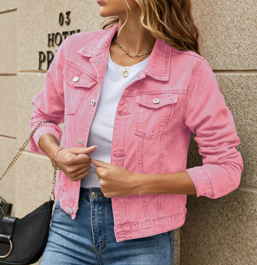 

2025 Women's Denim Jacket - Slim Fit Notched Collar Solid Color Versatile Tops