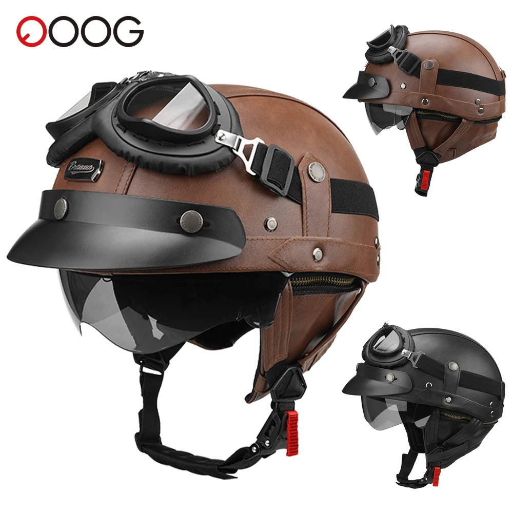 

Motorcycle Half Helmet Motorbike Open Face Helmet Four Seasons Leather Vintage Helmet Fashion Safety Helmets Anti Fall Sun Cap