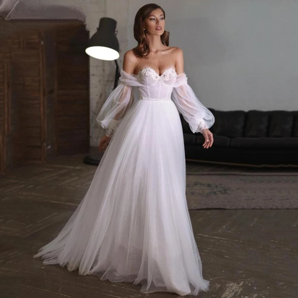 

Off The Shoulder White Tulle Wedding Dress Illusion Lace Up Back Lace Appliques Floor Length Bridal Gowns Vestidos De Novia