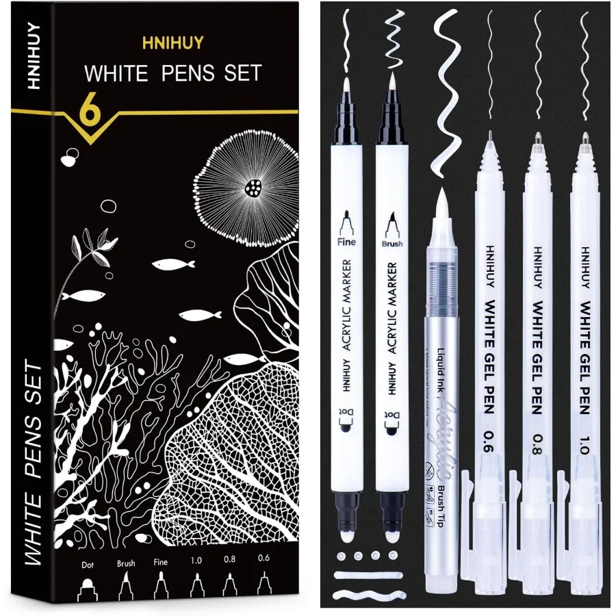 

HNIH Ручки с белыми чернилами, белые гелевые ручки с тонкими точками, наконечник кисти, акриловые маркеры DualTip, непрозрачные ручки для рисования черной бумаги, эскизов