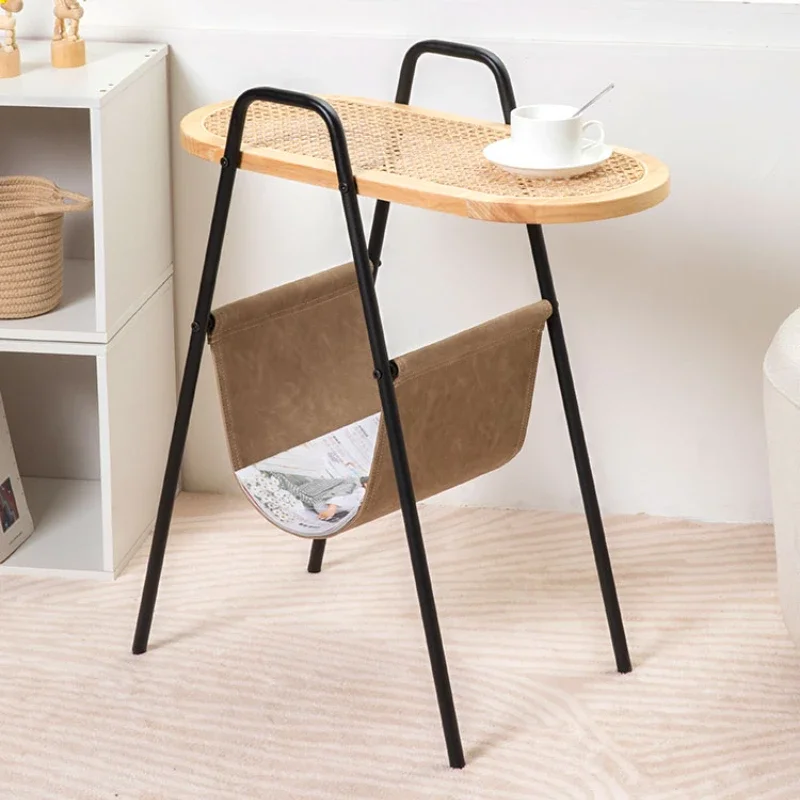 

Retro Style Coffee Table - Japanese Round Corner Table, Nordic Rattan Side Table, Saddle Leather Solid Wood Vintage Table