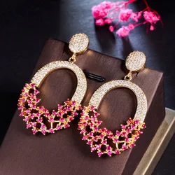 CWWZircons Charming Hot Pink Cubic Zirconia Big Chunky Yellow Gold Plated Dangle Drop Women Wedding Long Earring for Party CZ326