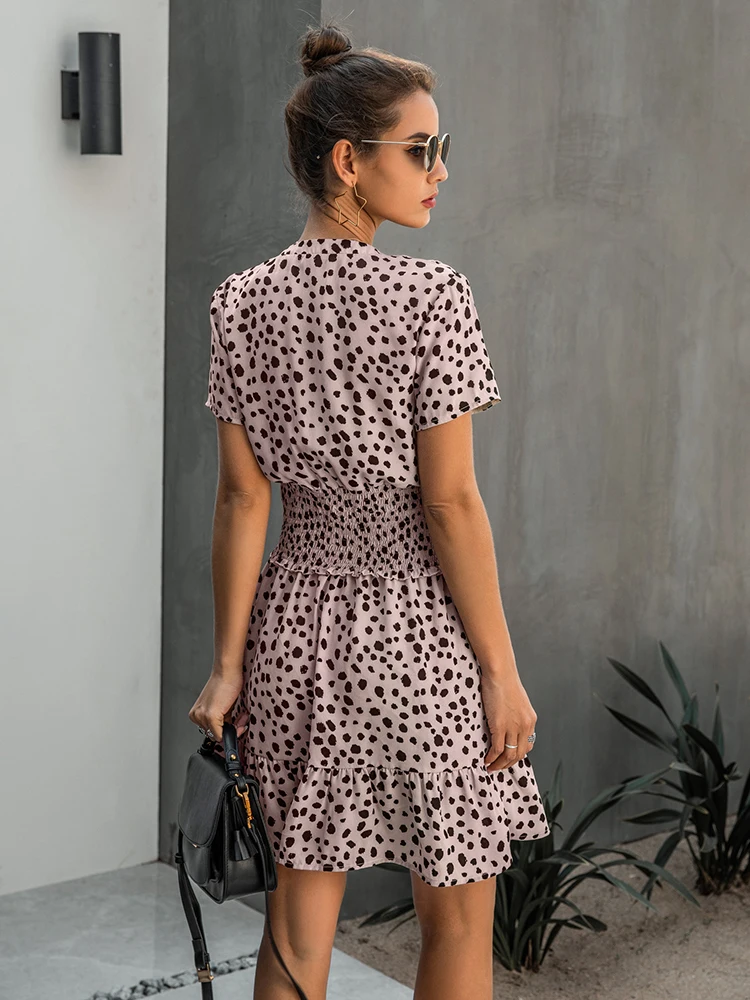 Dress Women Leopard Casual Black Summer Ruffle Mini Dresses Buttons Ladies Purple Waisted Fitted Clothing 2023 Womens Clothes