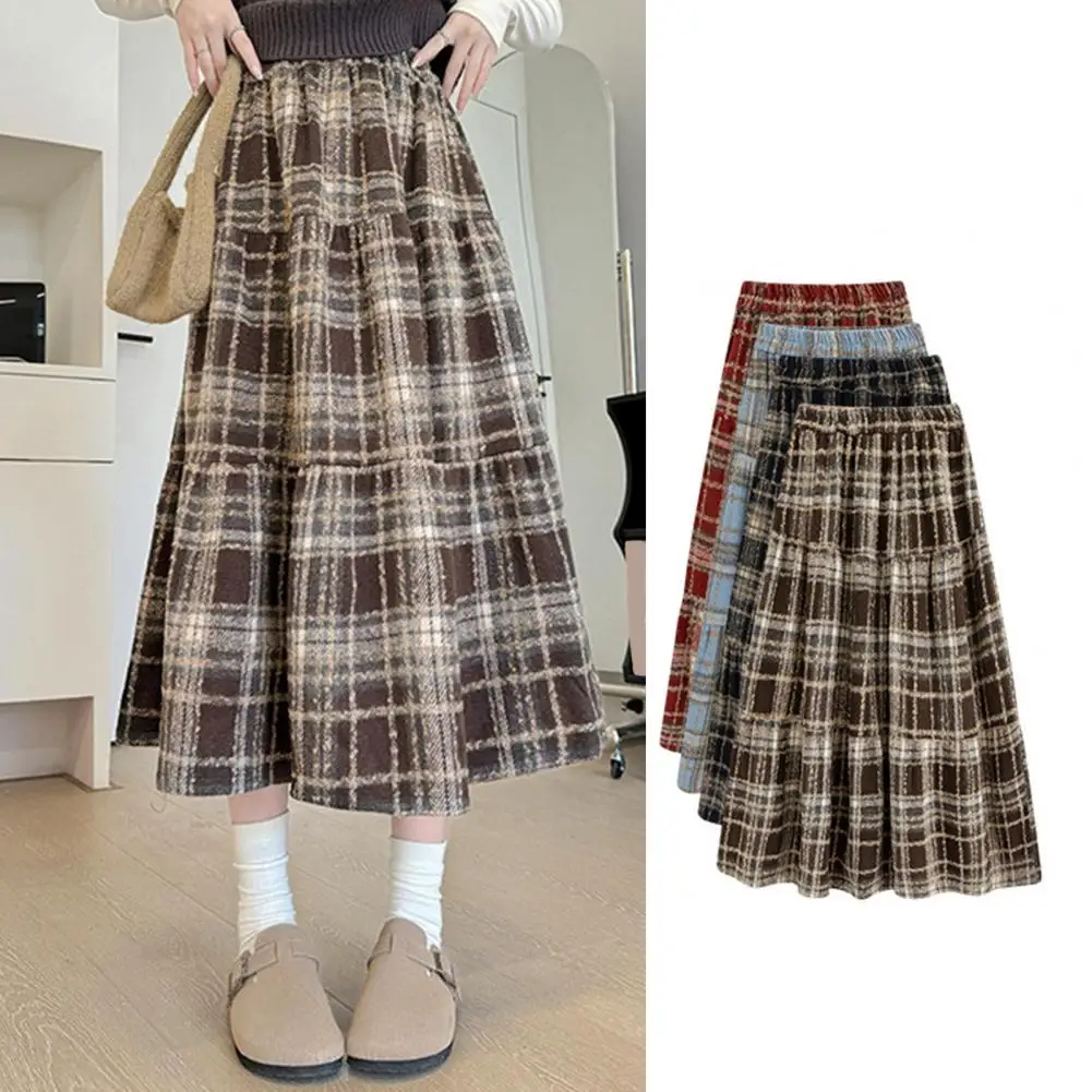 High-waisted Skirt Elegant High-waisted Plaid Woolen Skirt with Ruffle Detailing Stylish A-line Skirt for Autumn for Women