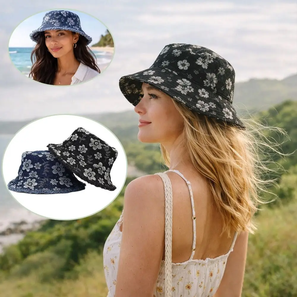 

High Quality Cartoon Flower Bucket Hat Embroidery Sun Protection Fisherman Hat Breathable Casual Denim Hat Unisex