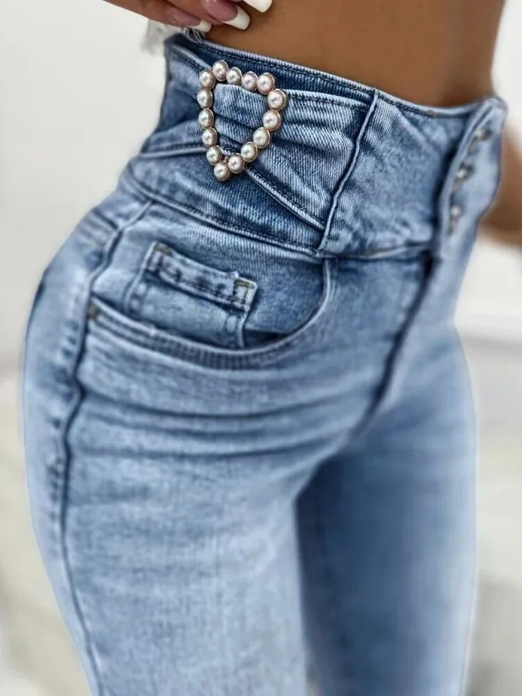 

Casual Pearls Decor Buttoned High Waist Skinny Jeans Women's Summer Daily New Fashion Slight Stretch Plain Denim Pants Female