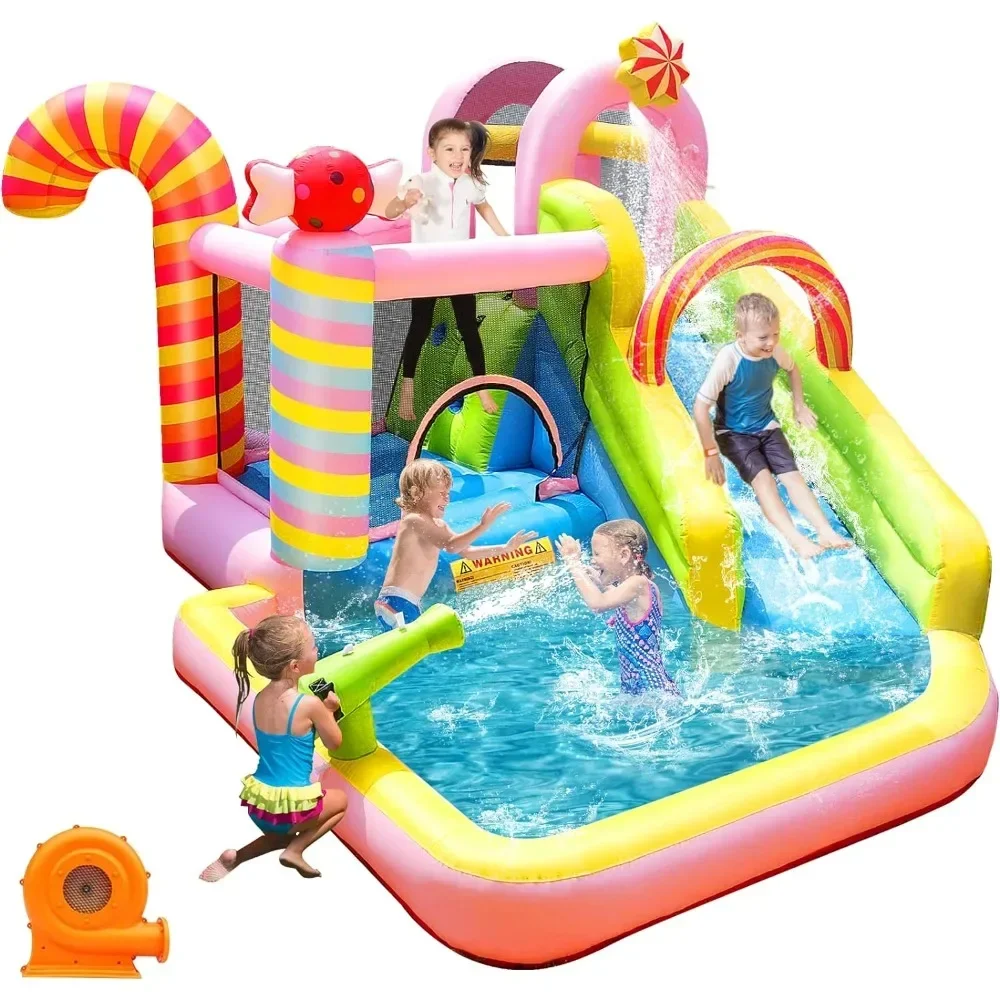 

%a Inflatable Bounce House Water Slide, 6 in 1 Sweet Candy Water Park, Wet Dry Combo Bouncy Castle with 450W Blower