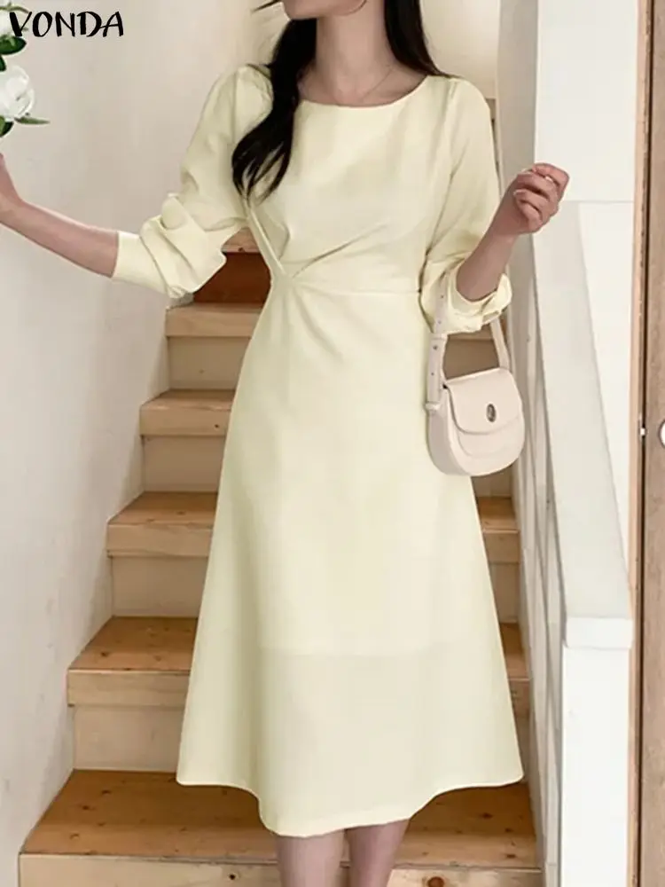 

2025 VONDA Elegant Women Party Midi Dresses Long Sleeve Pleated Solid Color Long Shirt Vestidos 2025 Autumn Fashion Office Robe