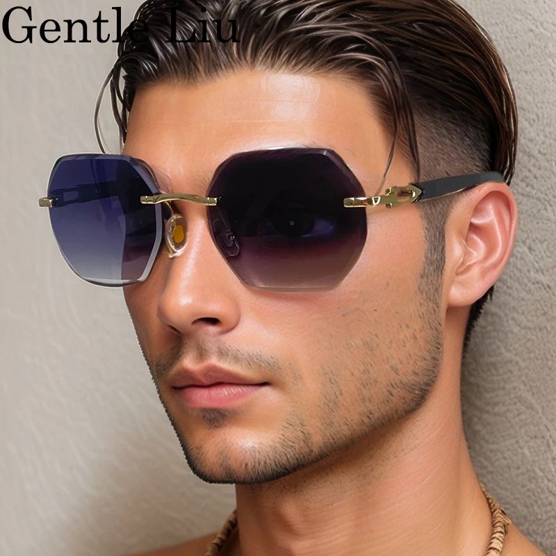 

Square Rimless Sunglasses Women 2024 Luxury Brand Designer Trendy Hexagon Shield Shades Metal Frame Fashion Eyewear For Men
