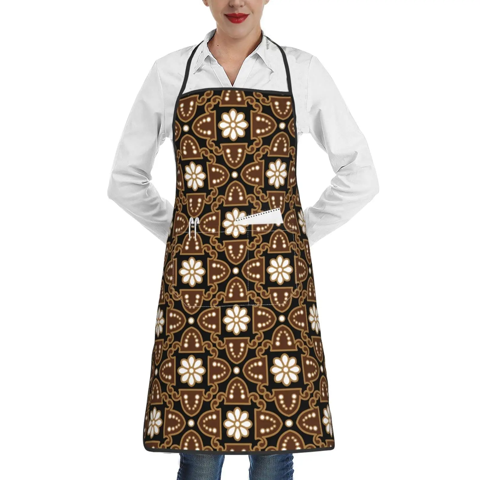 Batik Flower Geometric Vintage Brown Apron for Women Men Teen with Pockets Aprons for Cooking Chef Kitchen BBQ