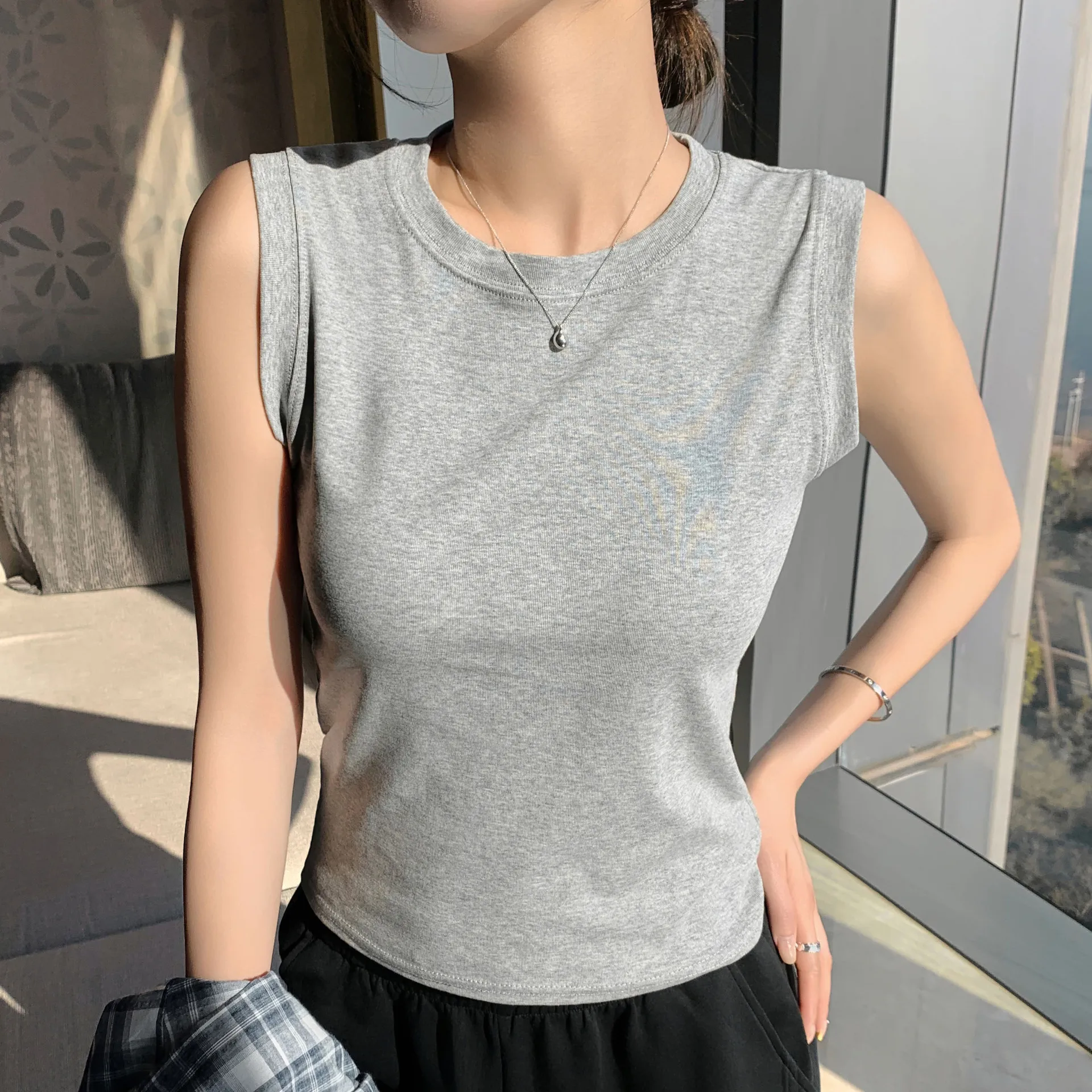Women Round Neck Wide Strap Cotton Slim Fit Tank Top Solid Sleeveless Vest Sweet Fresh Style All Season Versatile Camisole