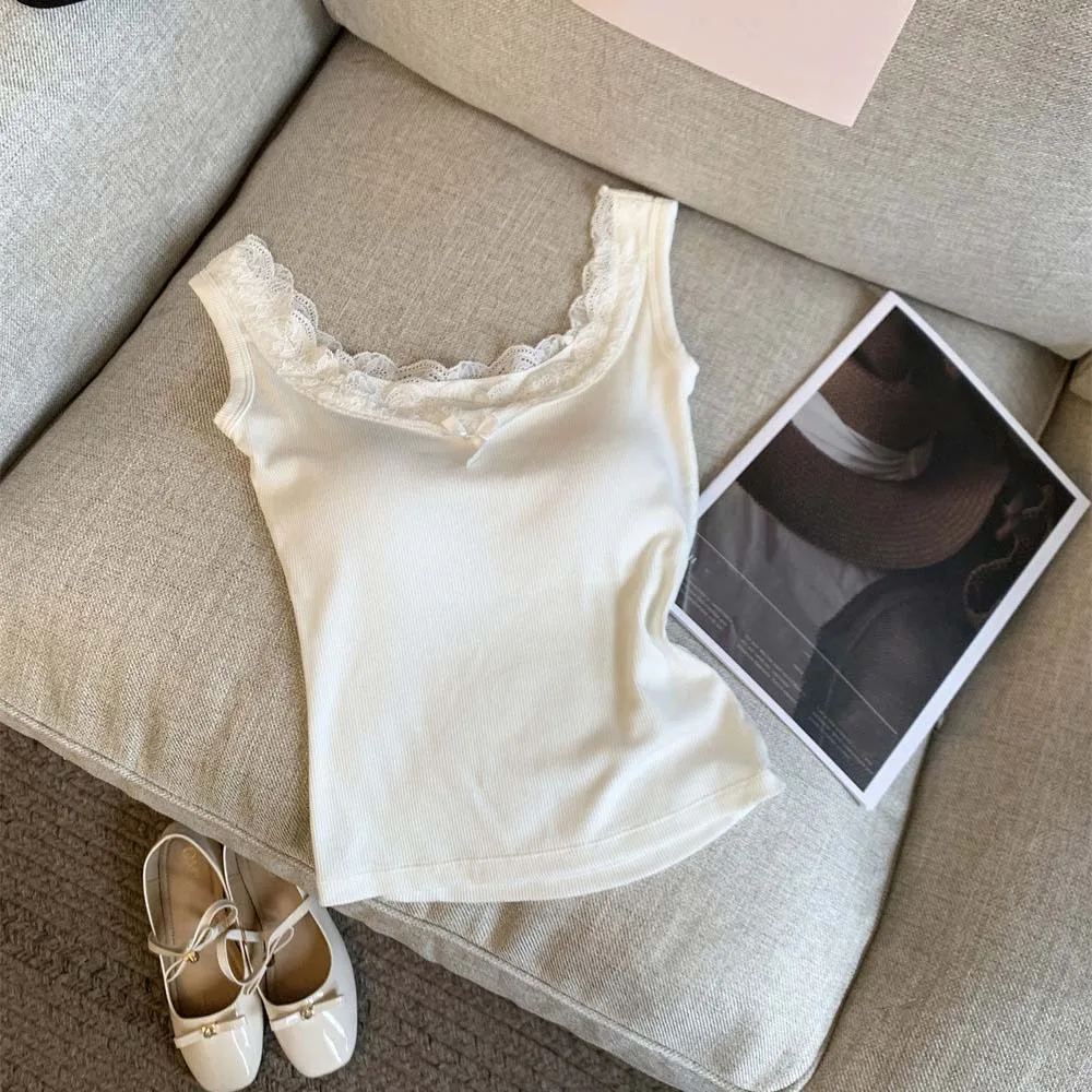 

Mesh Flower Y2k Lace Crop Top Bow Slim Fit Women's Sleeveless Vest Spicy Girl Style Streetwear Camisole with Chest Pad Girls