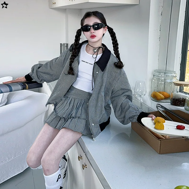 Girls' Spring and Autumn Checkered Suit Skirt New Korean Edition Children's Fashion Kids Fashion Two Piece Set