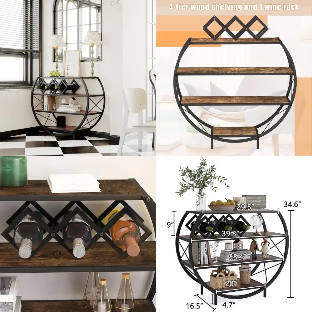 

Vintage Rustic Brown 4-Tier Industrial Console Table with Metal and Wood, Perfect for Entryway, Living Room, and Wine Storage