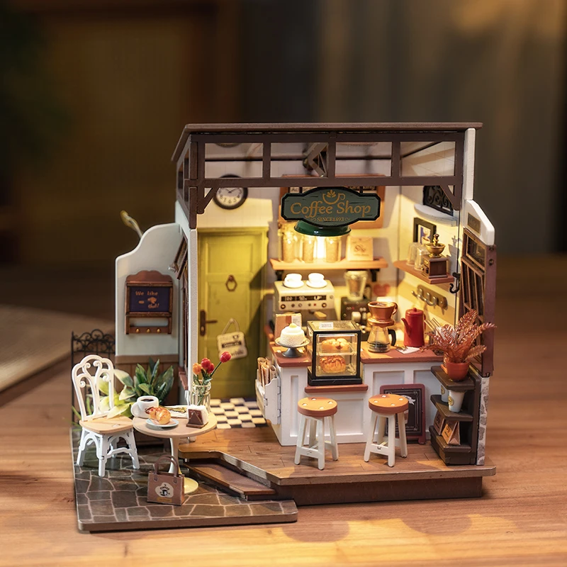 Robotime Rolife Coffee Shop Miniature Dollhouse Kit with LED Lights - DIY Crafts for Adults, Birthday Gifts and Hobbies