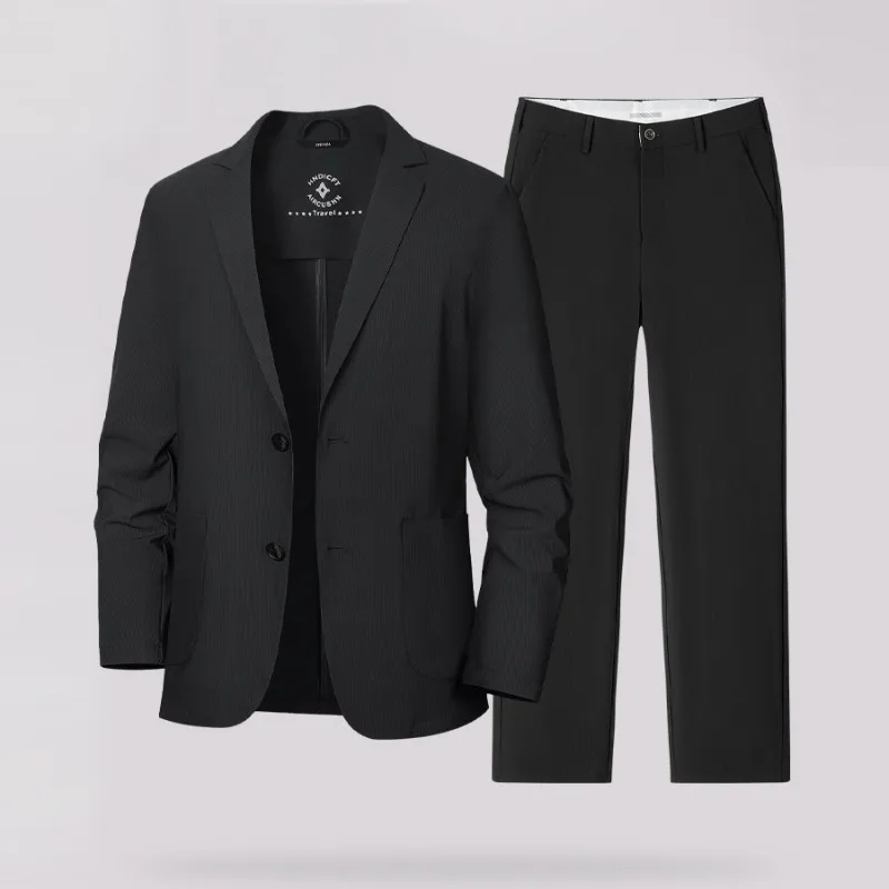KIDWHXR Summer Man Suit Outfit Thin Breathable Sun Protection Blazer Male Straight-leg Pant Men Business Casual 2-piece Set