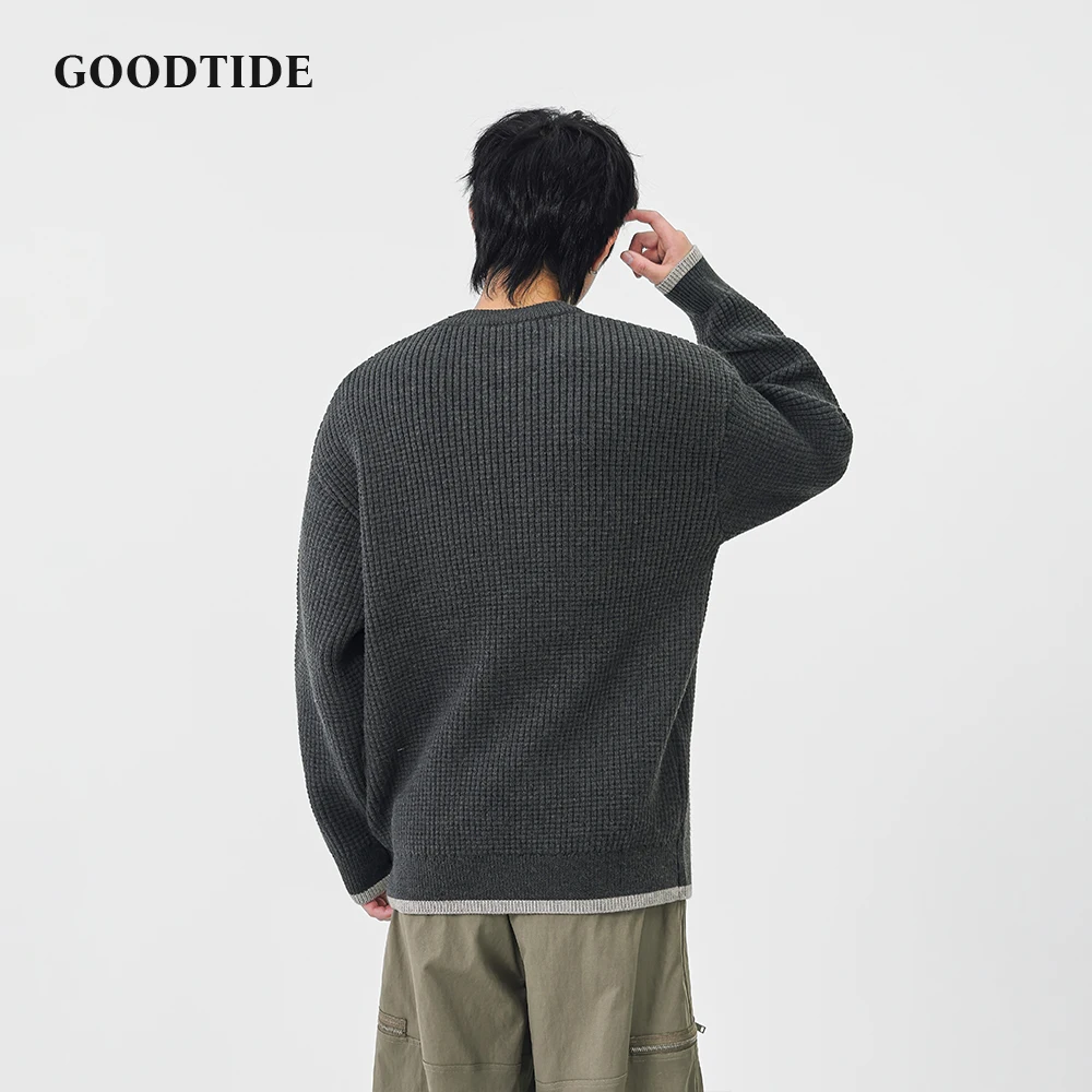 2025 Winter New Fashion Men's Casual Crew Neck Sweater Waffle Knit Pullover Contrast Trim Soft Long Sleeve Jumper Top