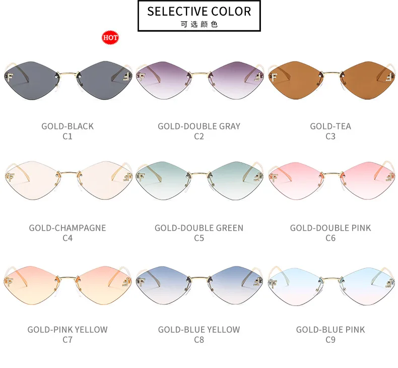 Trendige randlose rautenförmige Sonnenbrille F Damen-Sonnenbrille der Luxusmarke Damen klassische elegante Brillenschirme – Detail 3
