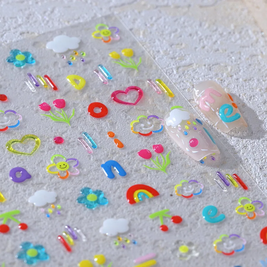 

1 шт. милые желейные наклейки для ногтей с цветами и фруктами, кавайные, красочные, вишневые, самоклеящиеся, для DIY маникюра, декоративные стикеры