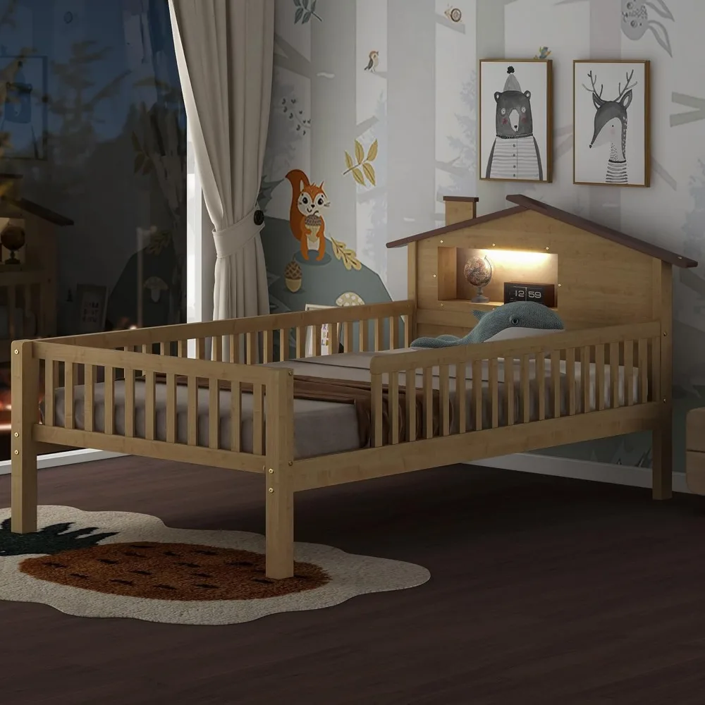 Letto singolo per bambini con testiera e guardrail a forma di casa, struttura letto con doppia piattaforma in legno con contenitore integrato e luce a LED