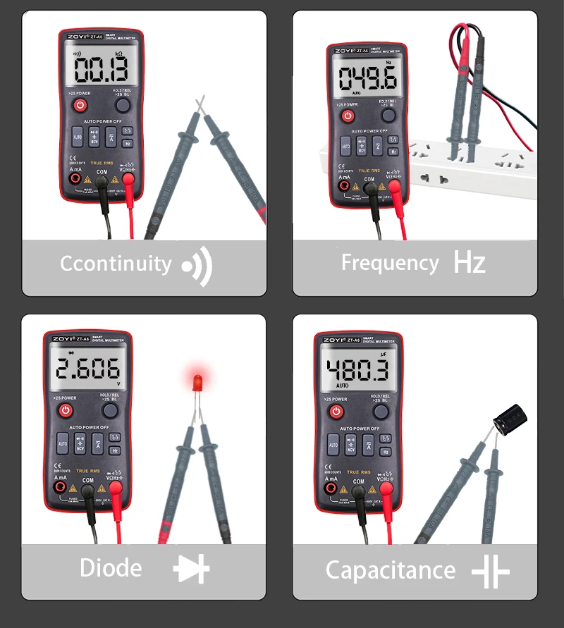 ZOYI ZT-A6 Button Digital Multimeter Professional AC DC Voltage Current Resistance Tester with Temperature Measurement & NCV Fun