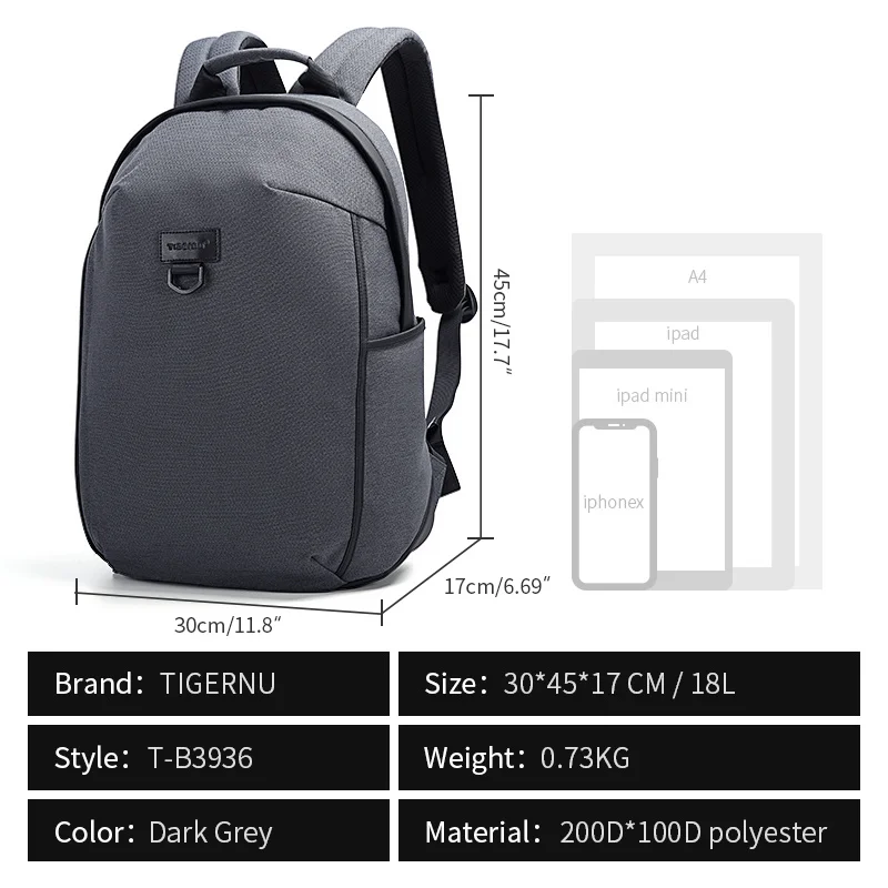 Tigernu Brand New Fashion Style 15.6 inch Anti theft Laptop Backpack Men 18L Waterproof School Backpacks Male Casual Bag For