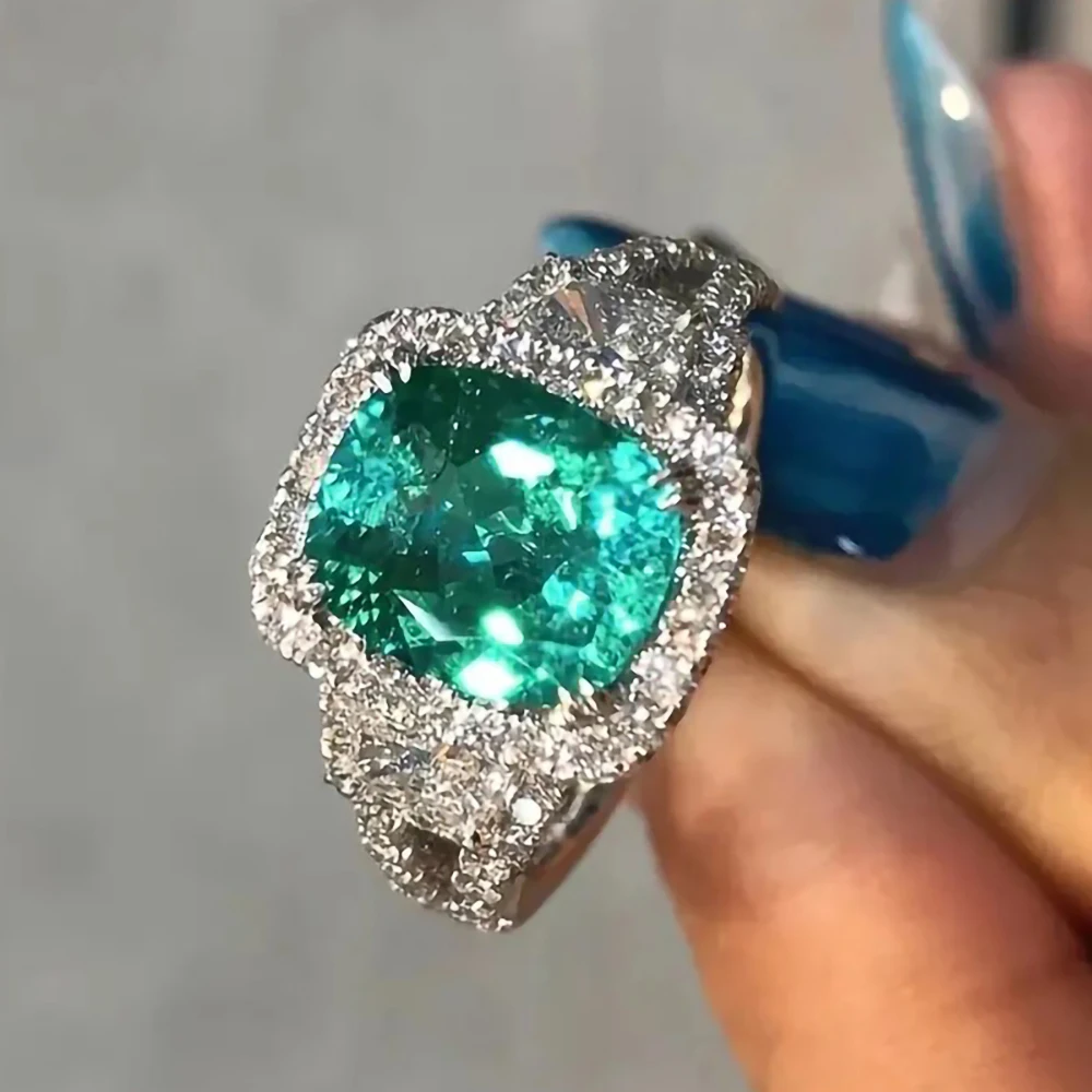 Huitan Gentle Silver Color Women Ring Inlaid Sparkling Green Cubic Zirconia Trendy Wedding Engagement Luxury Accessories Jewelry