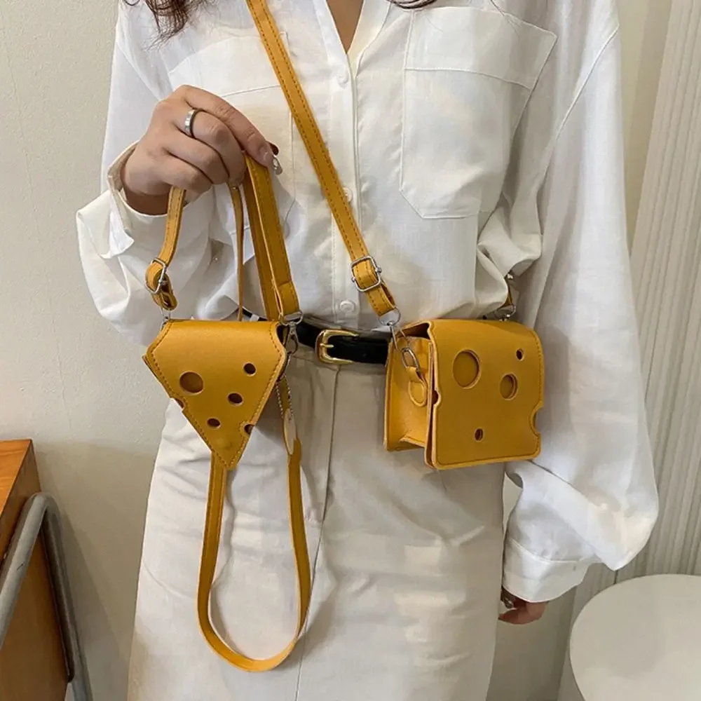 Mini bolsas de couro PU para mulheres, triângulo e quadrado, cheese shaped, bonito fone de ouvido bolsas batom bolsas crossbody bolsa de ombro, novo