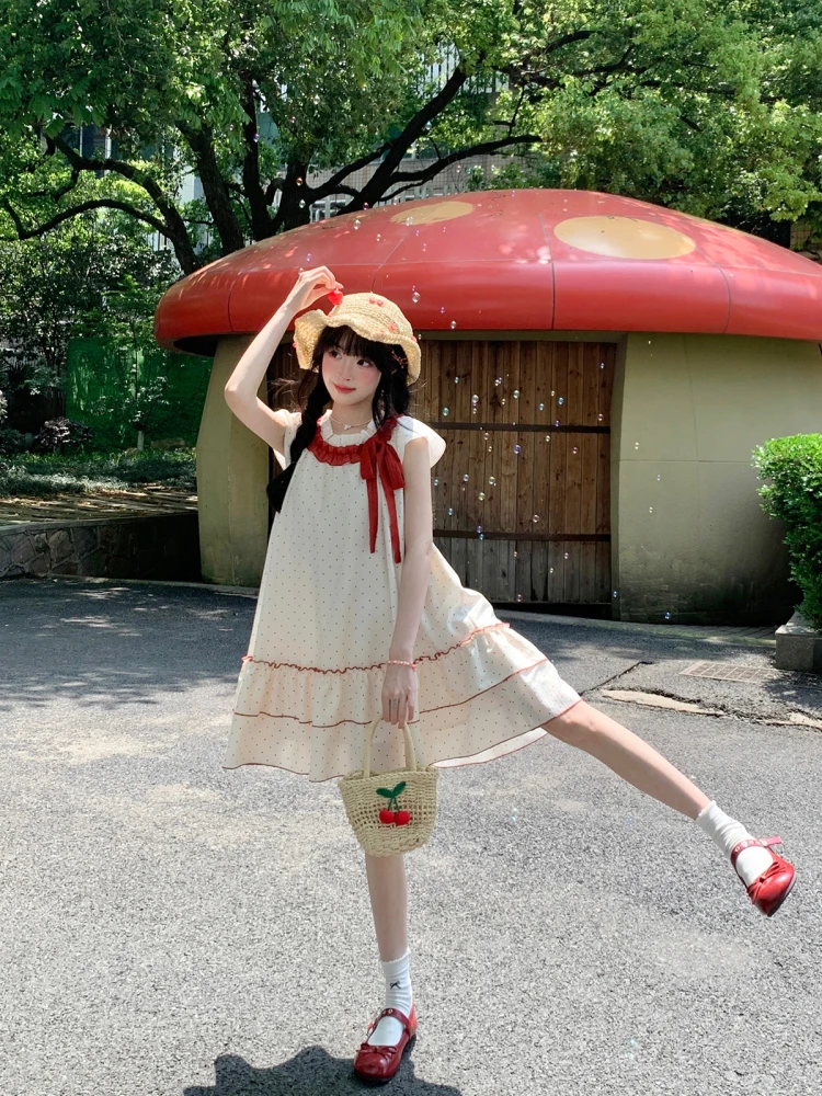 Bibi Bency Sweet Summer Polka Dot Dr Falda midi para mujer ort Sve Nudo Fibra de poliéster Casual Corte A Dr