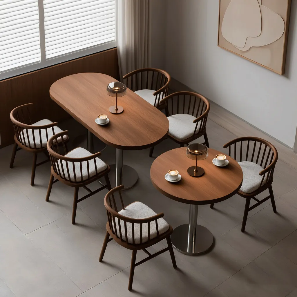 Modern Commercial Dining Tables And Chairs With Stainless Steel Base Solid Wood Panels For Hotels Cafes Restaurants Apartments