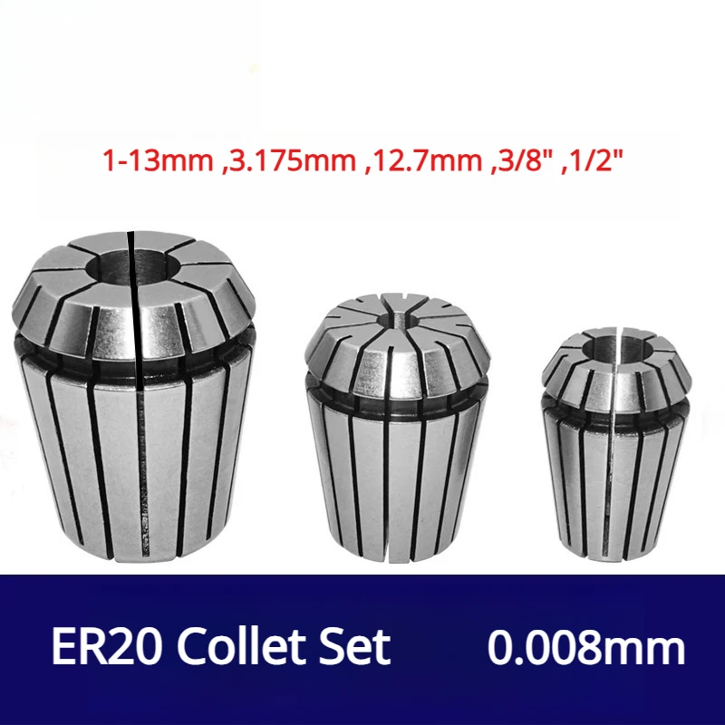 0.008mm ER20 Collet Set 1-10mm + 12mm,13mm,3.175mm,12.7mm,3/8